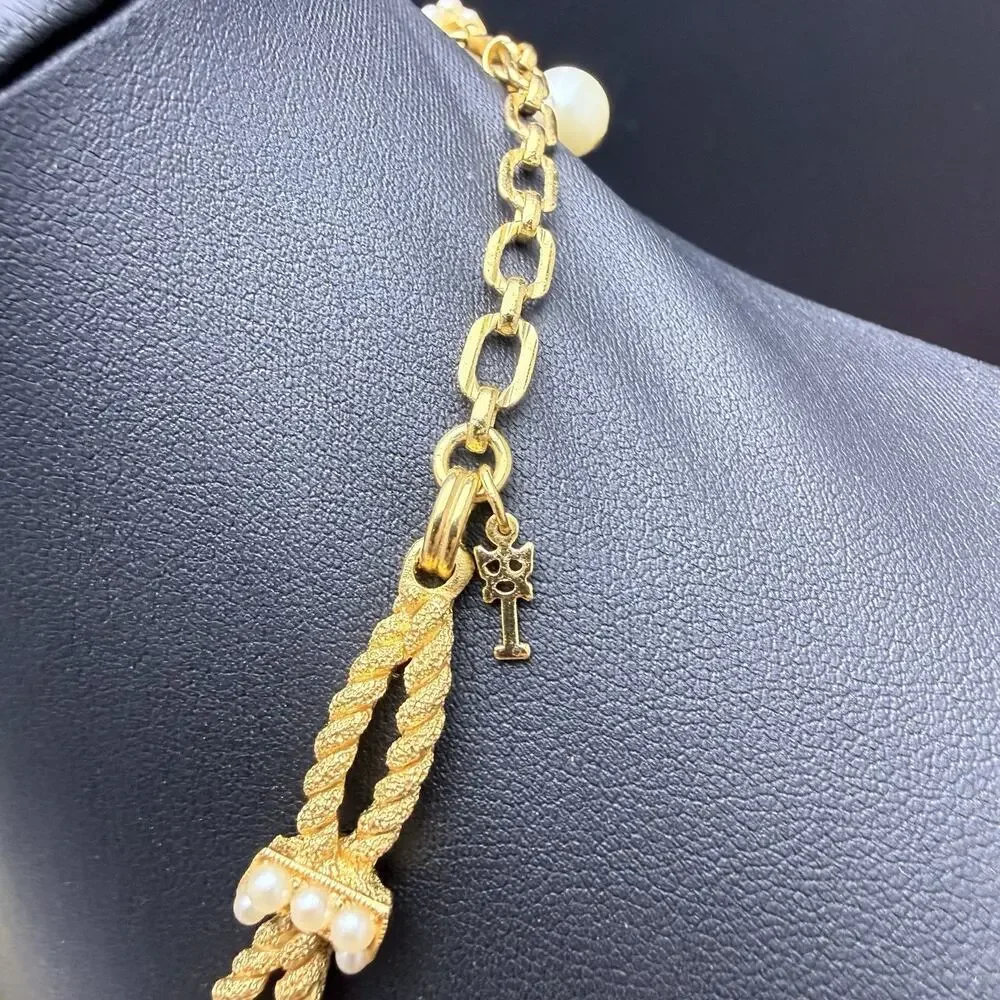 Vintage Crown Trifari Necklace Brushed Gold Rope Faux Pearls Choker 15-1/2”